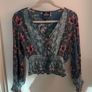 Angie Boho Teal Floral Crop Blouse